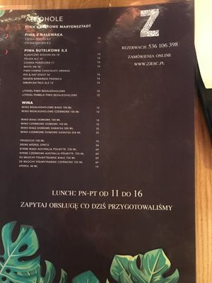 Menu at Zjesc in Warsaw