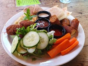 Homemade Hummus/falafel plate at Alpine Coffee Shop and Gallery in Betws-y-coed