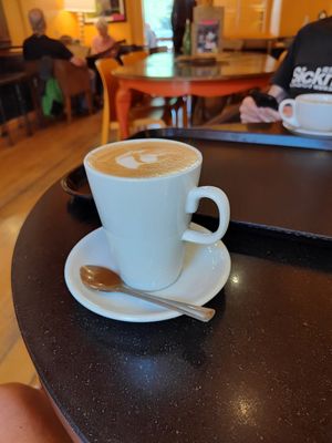 Decafe oat milk latte at Alpine Coffee Shop and Gallery in Betws-y-coed
