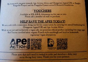 Vegans, Apes + Ethical Produce Notice. at Alpine Coffee Shop and Gallery in Betws-y-coed