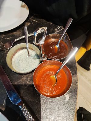 Sauces that came with fried ocra #Veganuary at Mangal's Kitchen GmbH in Hannover