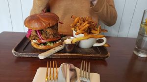 Fried "chicken" burger at Plum Bistro in Seattle