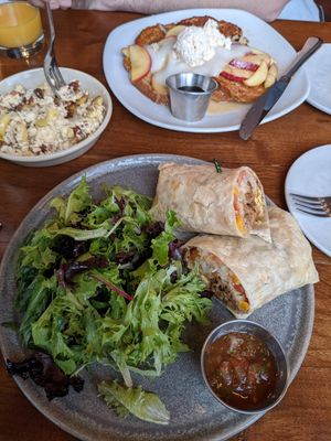Sweet french toast, Mac and cheese (mostly cheese), sausage egg potato burrito (really bland and cold; bland salad too) at Plum Bistro in Seattle