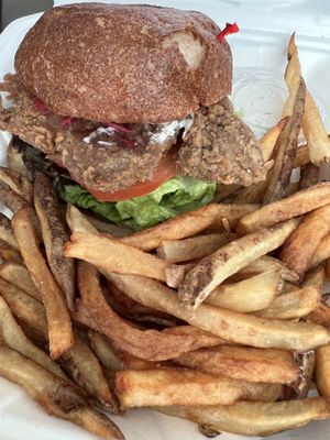 Black pepper “chicken” burger with fries #Veganuary at Plum Bistro in Seattle