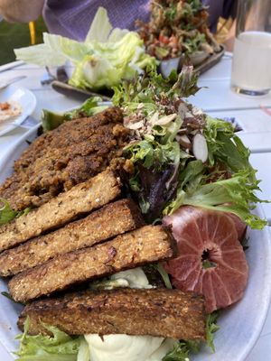 Can barely see the salad under the meat  at Plum Bistro in Seattle