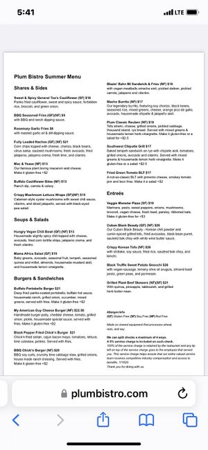 Current menu  at Plum Bistro in Seattle