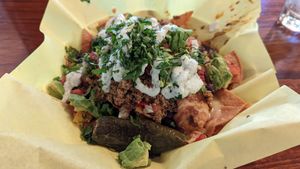 Loaded nachos -- enough for a few people to share at Plum Bistro in Seattle