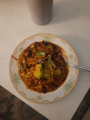 Chili bowl (doesn't look that pretty after taking out of takeout container to reheat) at Plum Bistro in Seattle