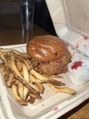 Fried chicken sandwich & fries  at Plum Bistro in Seattle