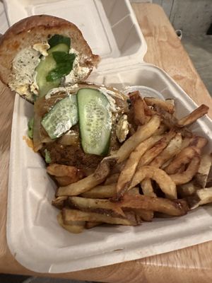 Buffalo Portobello burger with top-notch fries   at Plum Bistro in Seattle