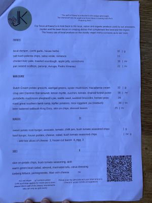 Menu with items that aren’t vegan marked NV at Kawul in Pokolbin