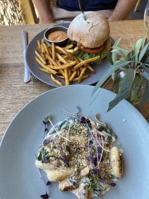 Hazelnut gnocchi and burger. Both delicious! at Kawul in Pokolbin