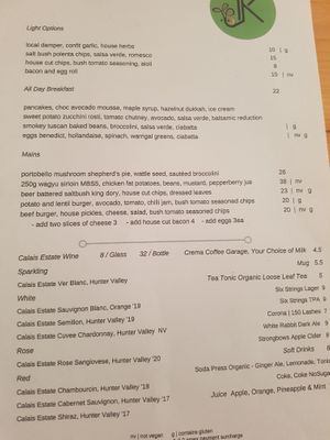 Menu at Kawul in Pokolbin