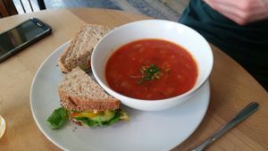 Soup & sandwich  (tomato + chickpeas, salad and hummus) at Nourish in Inverness