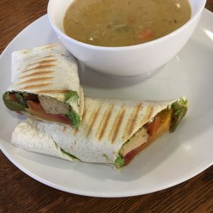 Tofu, veg and pesto wrap with soup of the day. at Nourish in Inverness