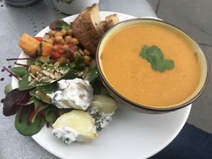 Sweet potato, coconut & lime soup with 3 mixed salads with gf bread at Nourish in Inverness