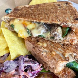 Cheese, spinach, mushroom and chilli jam toasted club (vegan) at Love Brew Scarborough in Scarborough