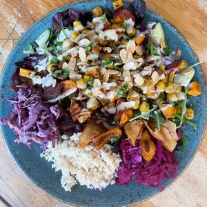 Warm chickpea, sweet potato salad with tahini dressing at Love Brew Scarborough in Scarborough