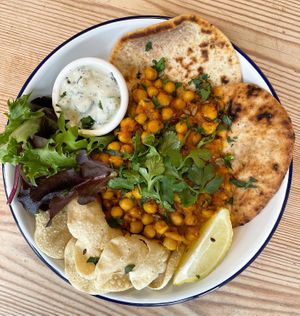 Chana Masala with roti, raita, and popodoms   at Love Brew Scarborough in Scarborough