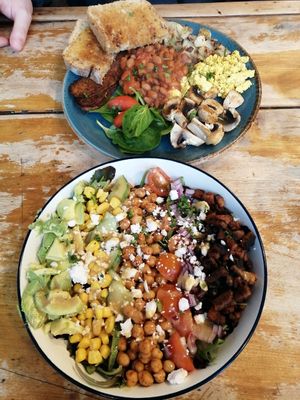 Nourish bowl at the bottom and English breakfast at the top at Love Brew Scarborough in Scarborough