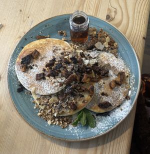 Pancake Stack - Tempeh pieces, granola & maple syrup  at Love Brew Scarborough in Scarborough