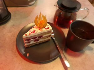 Cherry cake with tea of asssam at Rabbit Run - Maybe closed in St Petersburg