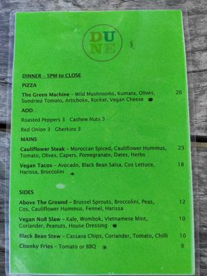 Menu at The Dune in Mangawhai