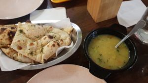 Garlic naan and corn soup at BailwalG in Rotorua