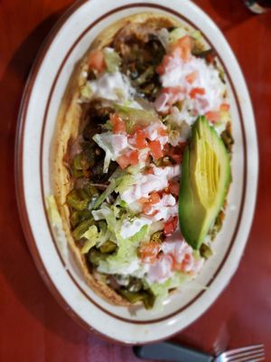 vegan huarache, half nopales and half rajas at La Esperanza in Chicago