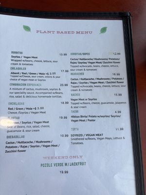 Vegan menu  at La Esperanza in Chicago