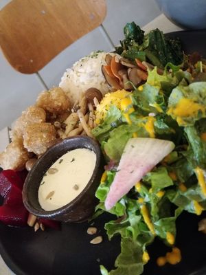 Fresh Salat und very tasty vegan „nuggets" at Mumokuteki in Osaka