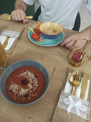 Gaspacho and hummus at Bonjour in Tivat