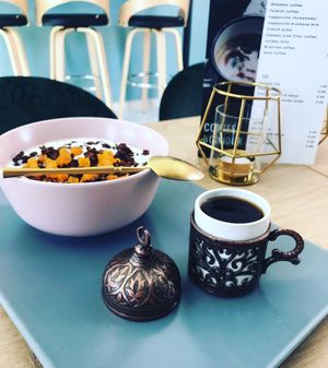 Homemade yogurt with granola and Turkish coffee  at Bonjour in Tivat