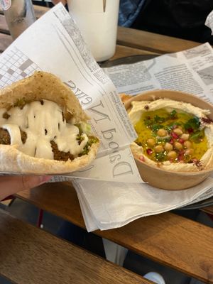 Falafel pita and hummus side at Maha in Brussels