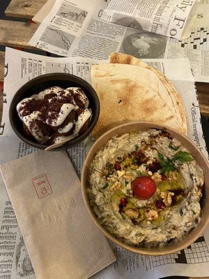 10 falafel and moutabal served with flatbread  at Maha in Brussels