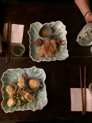 Green rice tofu and fried mushrooms  at Top Tep - Modern Vietnamese Kitchen & Bar in Berlin