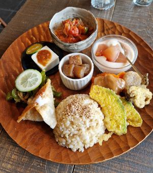 Main dish of the set menu at Cafe Indigo in Kagoshima