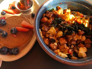 Sweet potato hash (has eggs) & single vegan pancake at Snooze - The Strand at Huebner Oaks in San Antonio