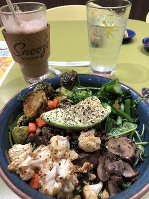 Buddha Bowl, hot coconut milk with chocolate syrup at Snooze - The Strand at Huebner Oaks in San Antonio