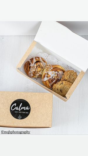 Box of our vegan cookies and cinnamon rolls at Calma Cafe in Gran Canaria