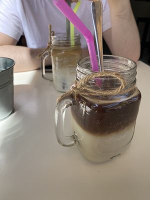 Iced latte made with oat milk  at Calma Cafe in Gran Canaria
