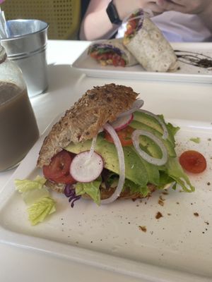 Avocado, veggies and houmous ‘croissant bread’ sandwich  at Calma Cafe in Gran Canaria