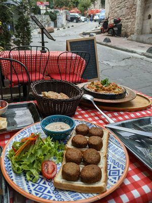Delicious falafel plate and chilli sin carne at Galata Lily in Istanbul