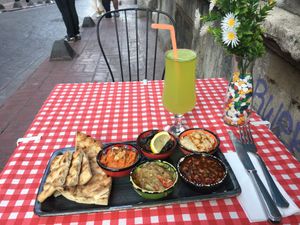 Meze plate and mint lemonade  at Galata Lily in Istanbul