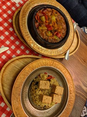 Vegetables casserole and curry rice at Galata Lily in Istanbul