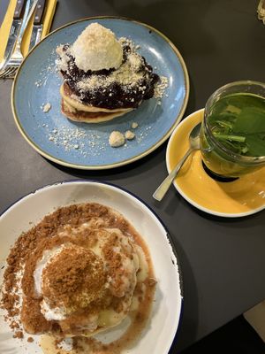 both of their vegan pancake choices   at Seven Sundays in Dusseldorf