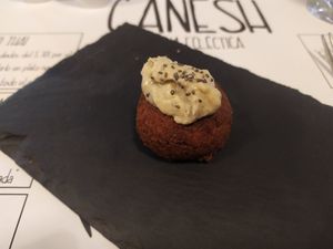 Falafel with baba ganoush sauce. at Ganesh Cocina Ecléctica in Xativa