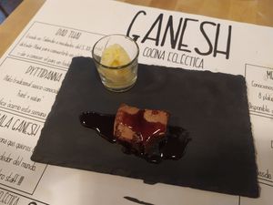 Brownie with ginger sorbet. at Ganesh Cocina Ecléctica in Xativa