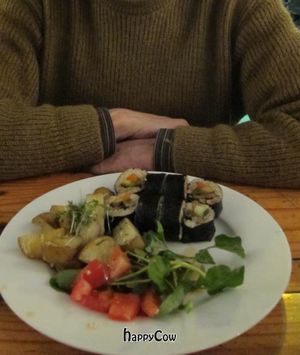 Sushi, potatoes, and salad. We ate the soup before we could take a photo! at de Peper in Amsterdam