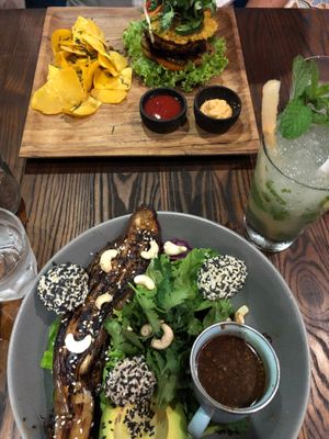 Burger and miso eggplant  at Sugar Rock in Pecatu
